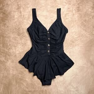Vintage 90s Basic Editions Black Ruffled Seashell One Piece Swimsuit Pinup Retro